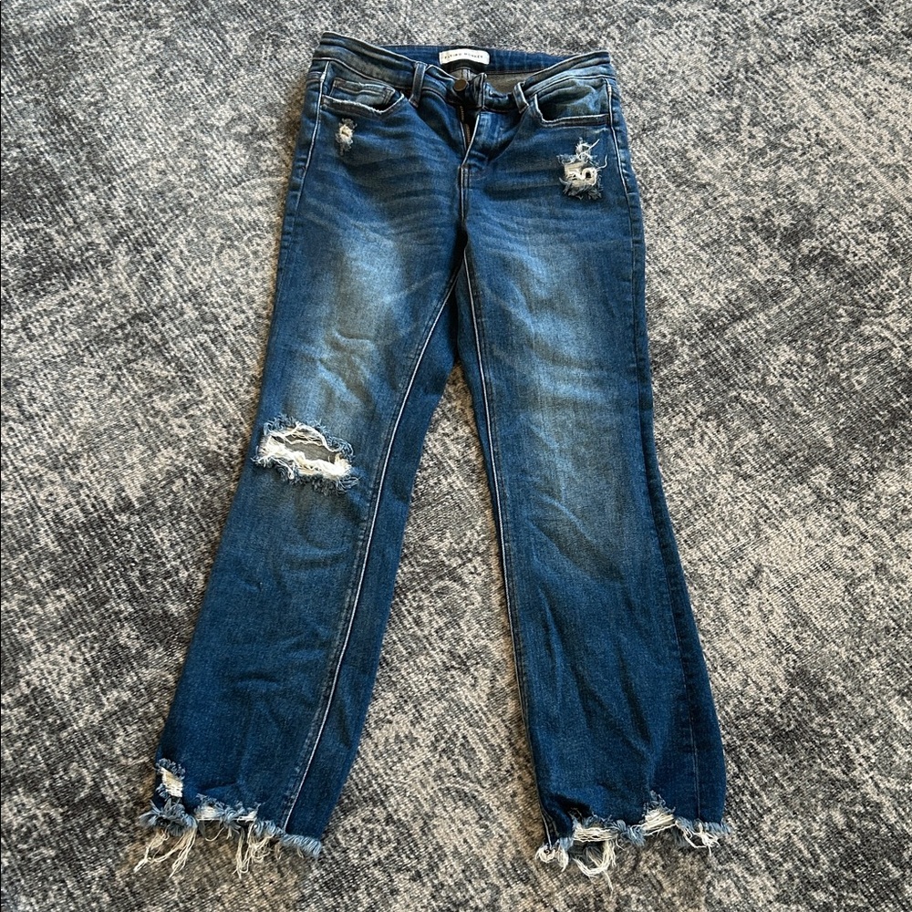 Flying Monkey Dark Blue Distressed Flare Jeans- Sz 27 stretch
